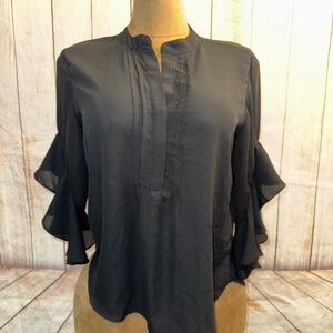 Vince Camuto Black Pintuck Split-Neck Blouse with Ruffle Sleeves